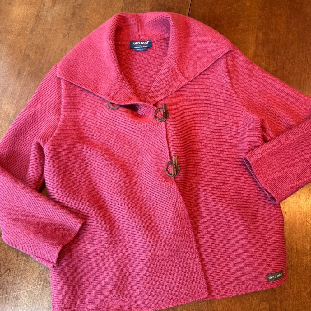 Saint James Cardigan Women M(?) Raspberry Ribbed Wool Toggle Front Crop France